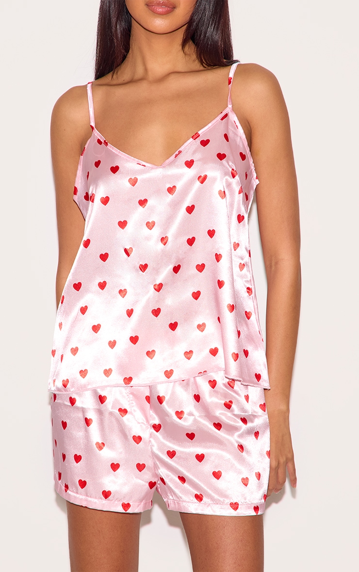 Pink Satin Heart Print Cami Pj Set image 4