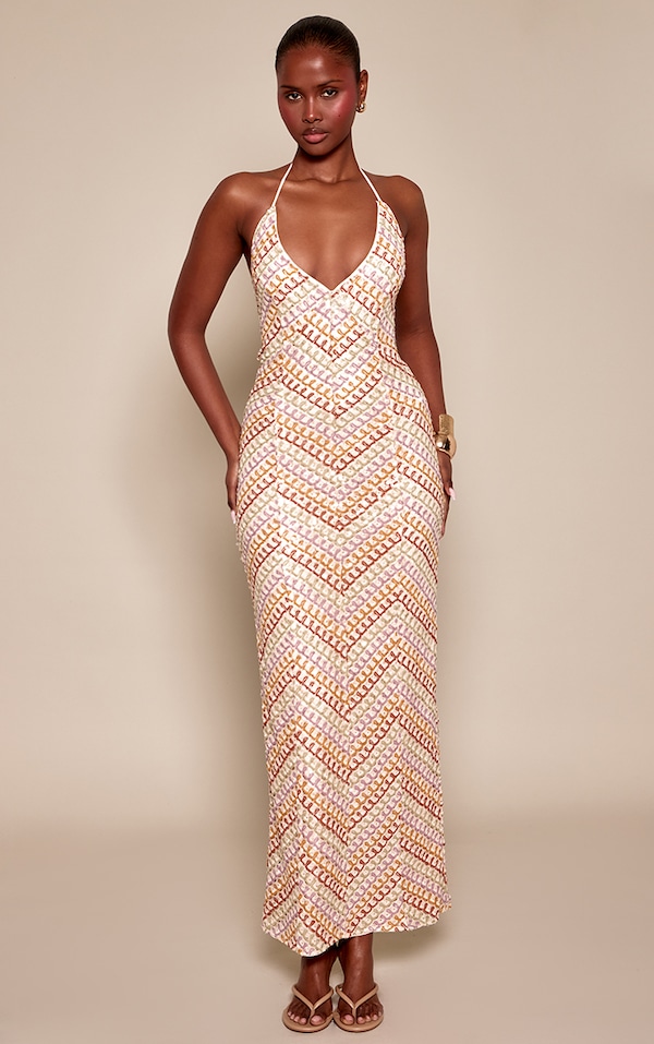 Multi Abstract Sequin V Neck Maxi Dress