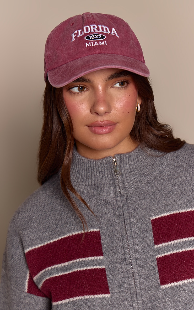 Burgundy Acid Wash Florida Graphic Baseball Cap image 1