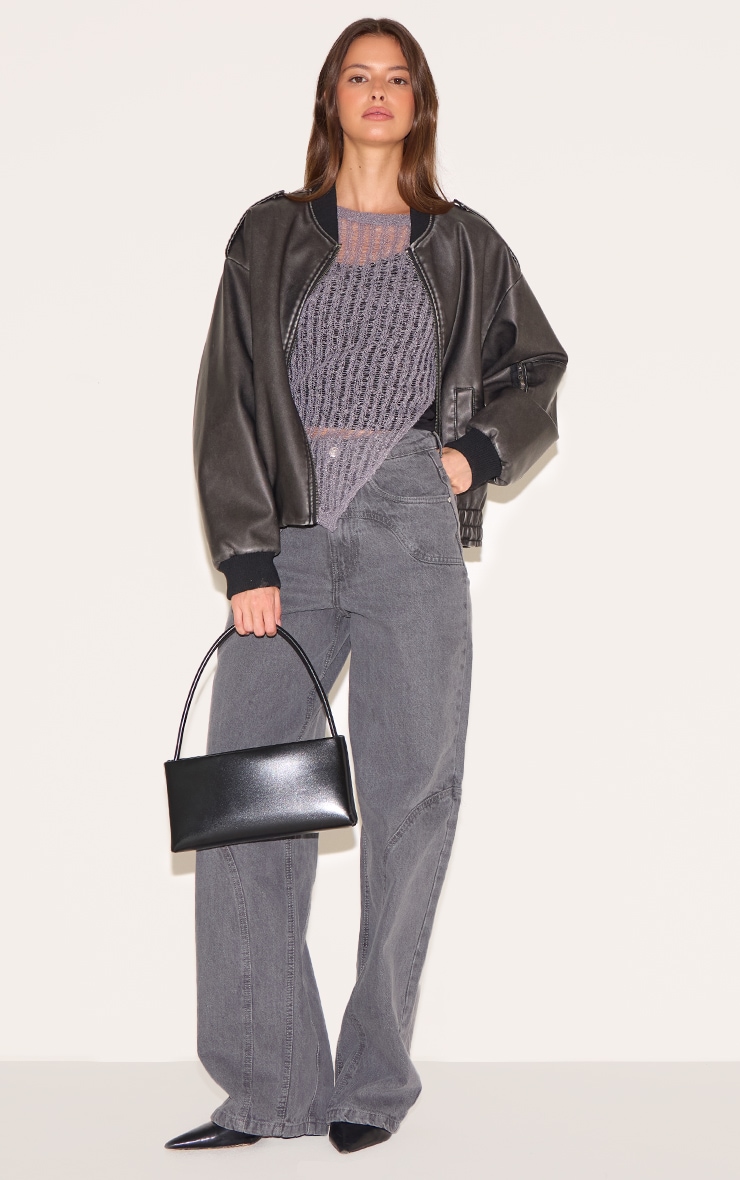 Charcoal Ladder Knit Sheer Asymmetric Hem Top image 3