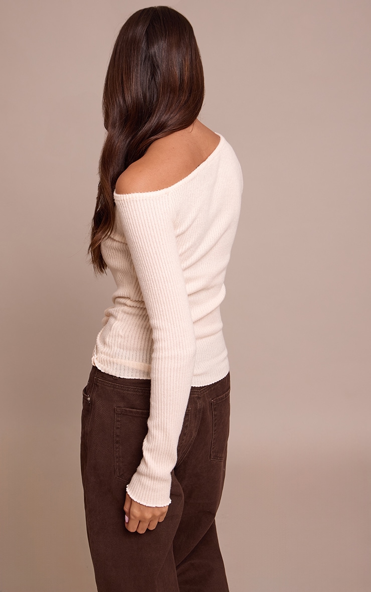 Cream Soft Brushed Rib Asymmetric Long Sleeve Top image 2