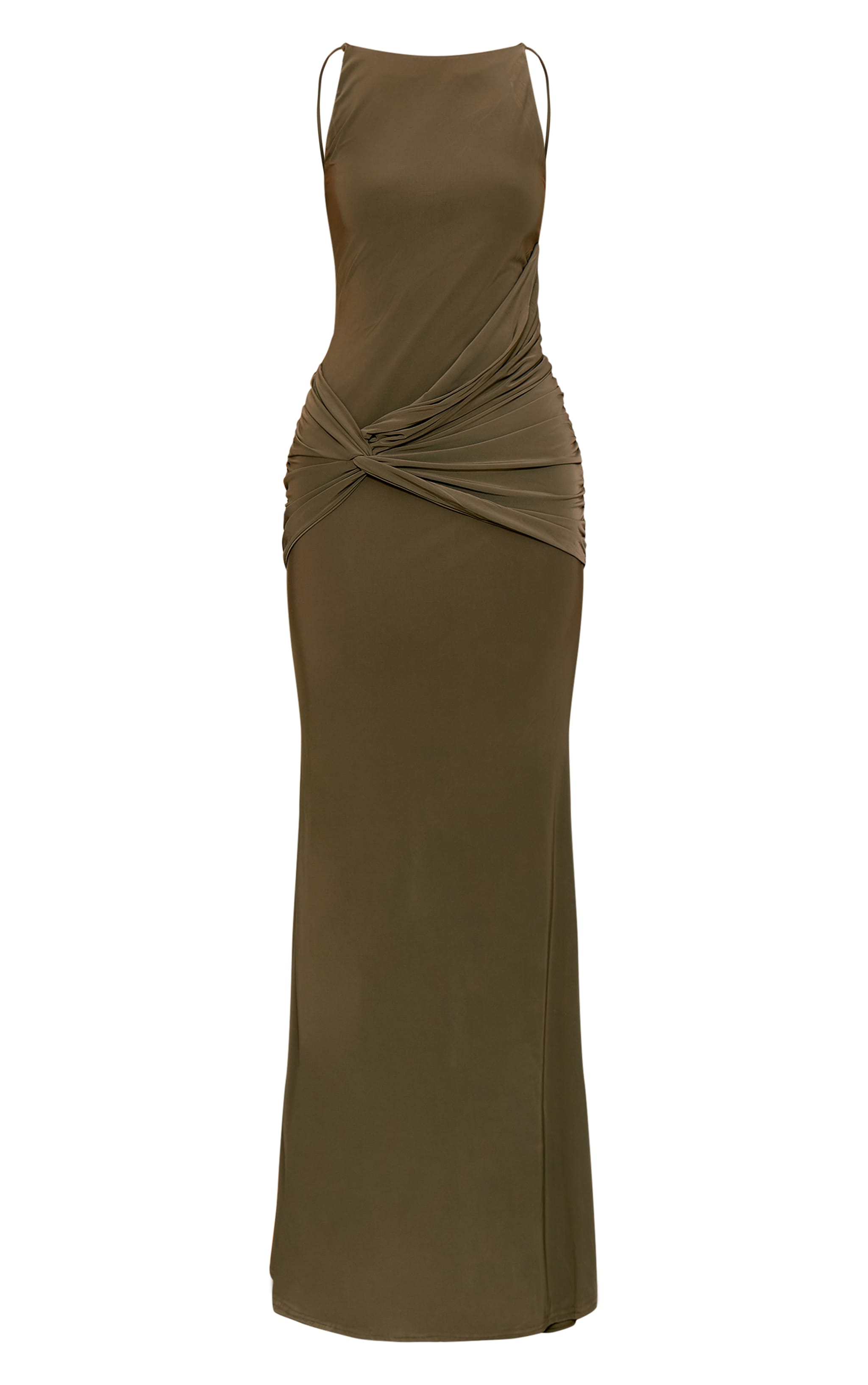 Khaki Double Layer Slinky Twisted Front Halter Neck Maxi Dress image 5