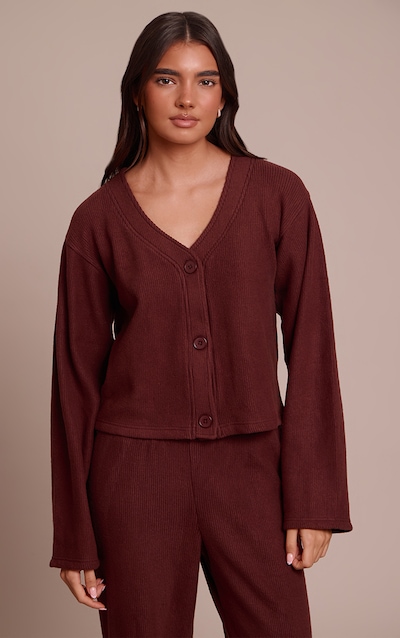 Cardigan épais doux côtelé brossé marron chocolat à épaules carrées