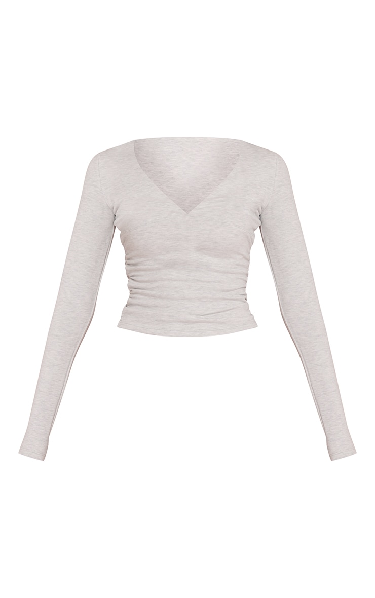 Top en coton doux gris cendré à col en V et manches longues image 5