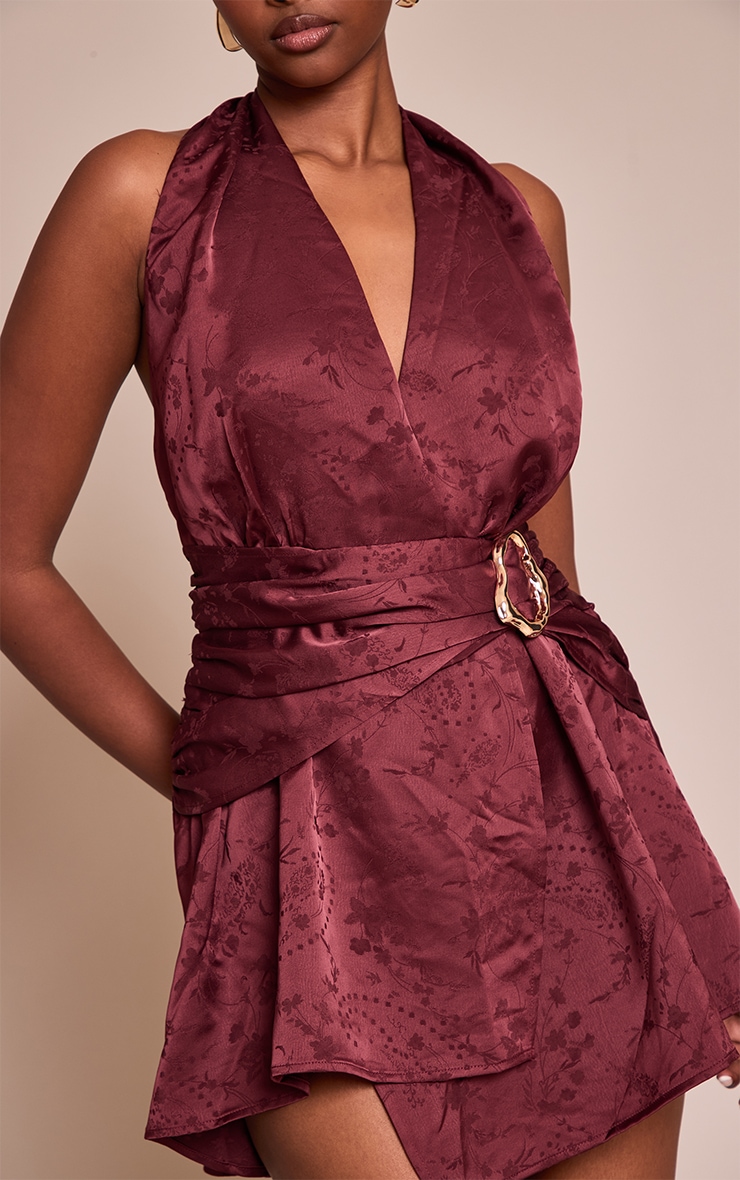 Plum Satin Jacquard Trim Detail Mini Shift Dress image 4