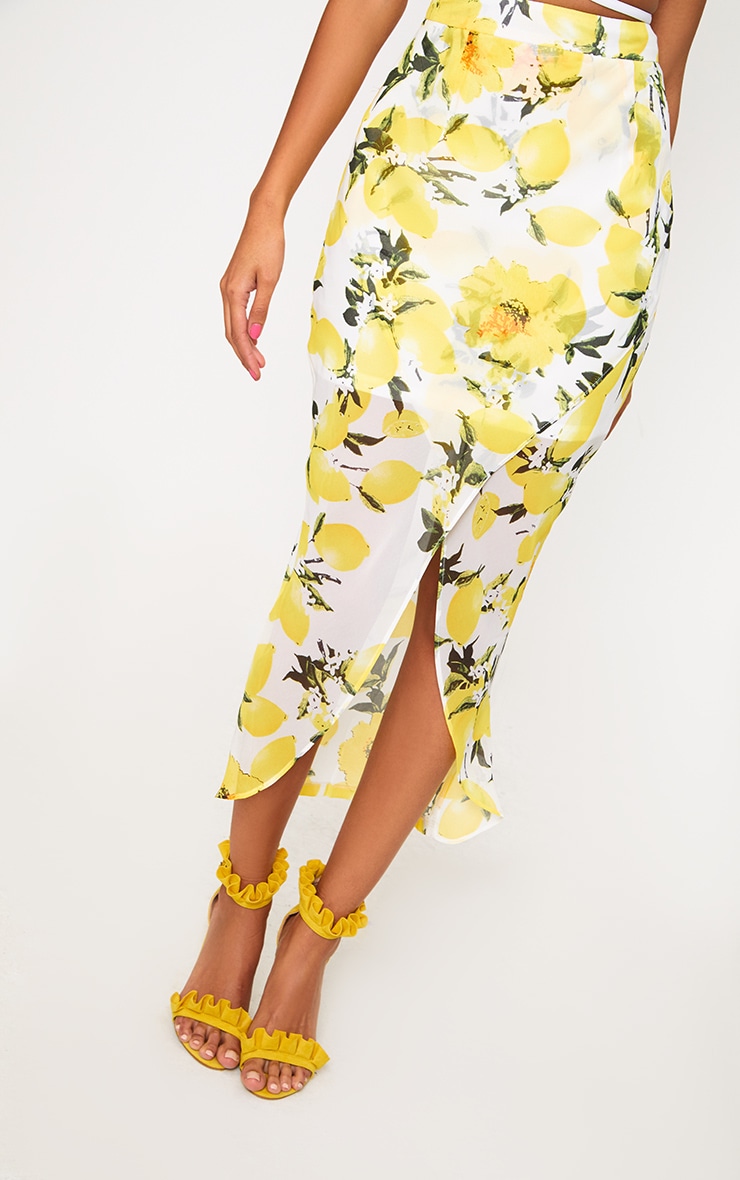 White Lemon Print Wrap Midaxi Skirt PrettyLittleThing