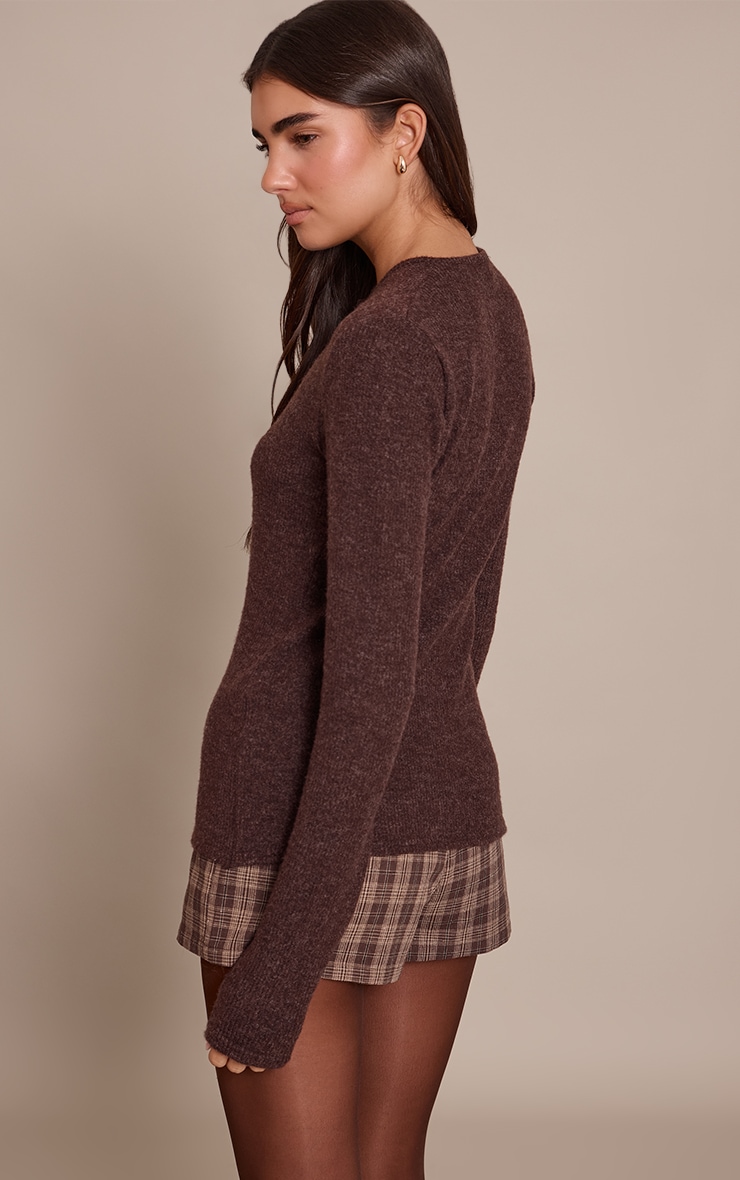Brown Wool Rib Button Down Long Sleeve Top  image 2