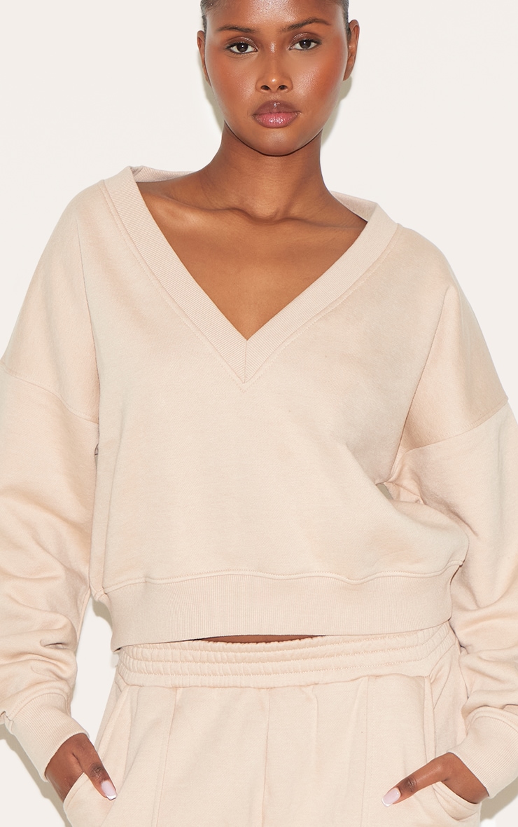 Oatmeal Boxy V Neck Sweatshirt image 4