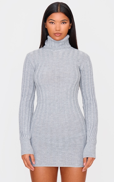 Robe pull en maille tricot grise à col roulé