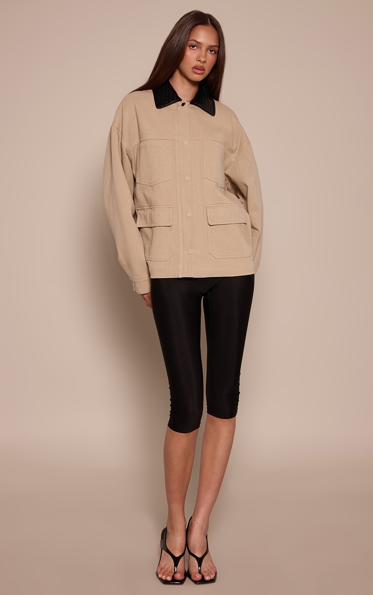 Veste en maille sergée beige à col contrastant et poches image 3