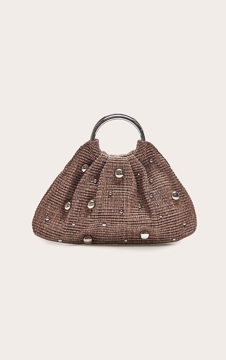 Chocolate Raffia Gold Studded Tote image 2