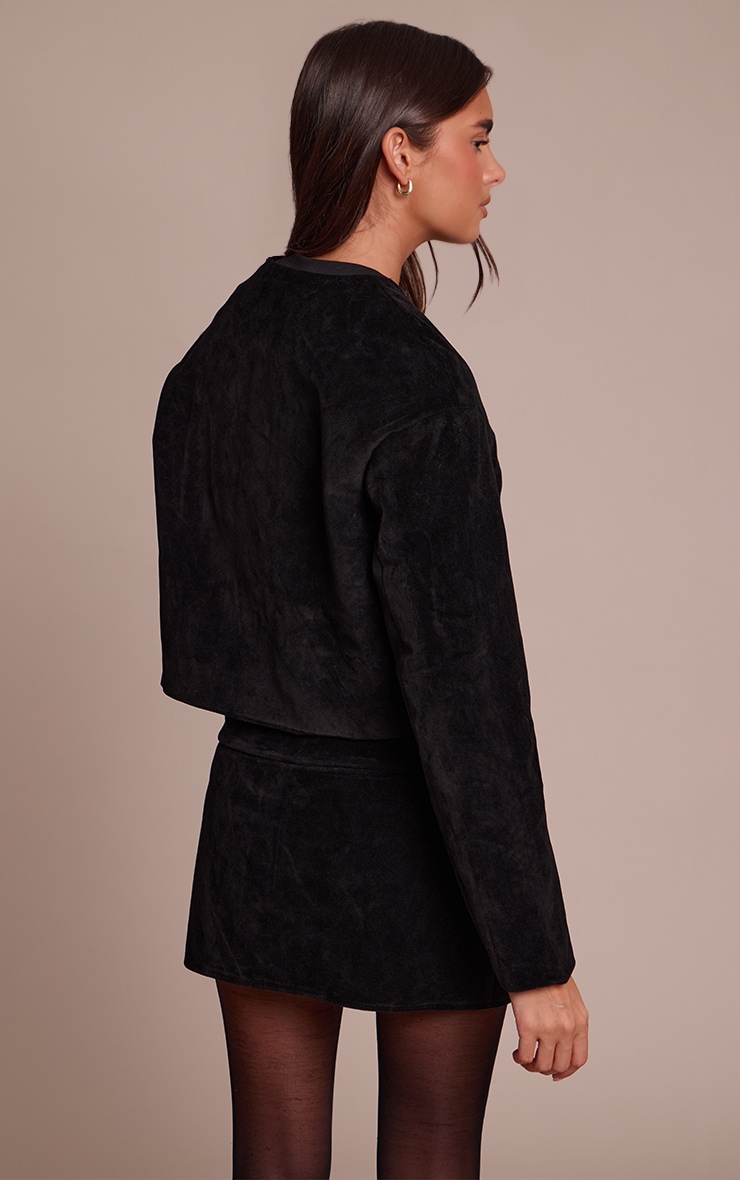 Black Round Neck Gold Button Suede Jacket image 2