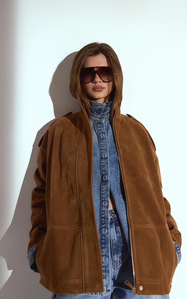 Tan Funnel Neck Concealed Placket Longline Suede Jacket 