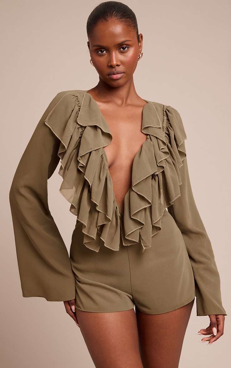 Olive Frill Detail V Neck Romper image 1