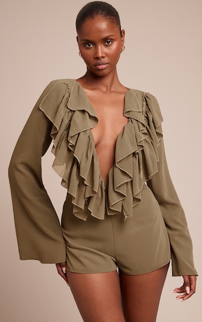 Olive Frill Detail V Neck Playsuit