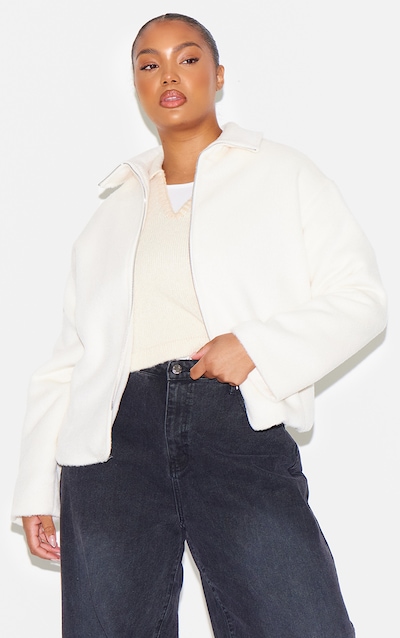 Plus Veste en effet laine crème à col large et zip