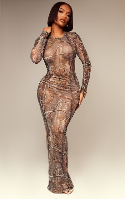 Shape Khaki Abstract Camo Print Long Sleeve Maxi Dress