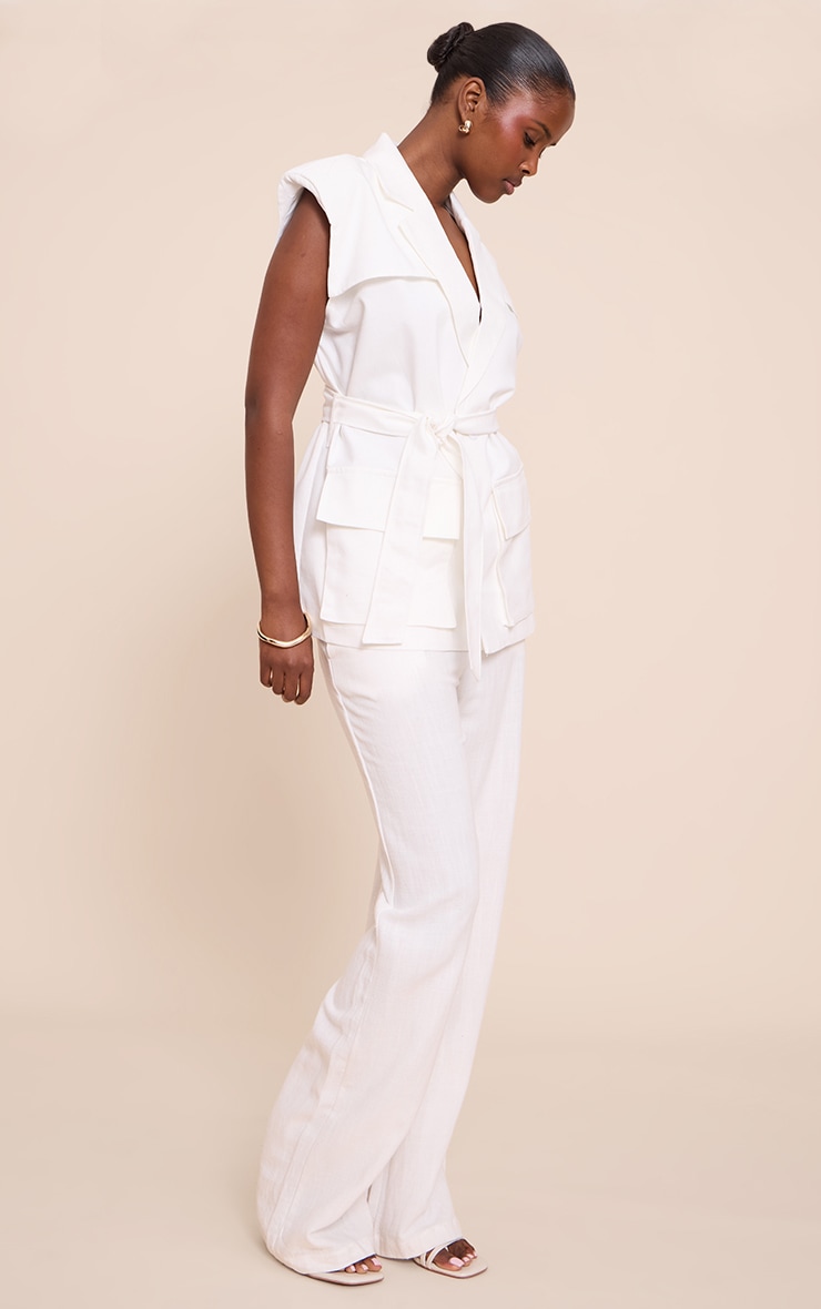Cream Utility Style Linen Look Tie Waist Vest image 3