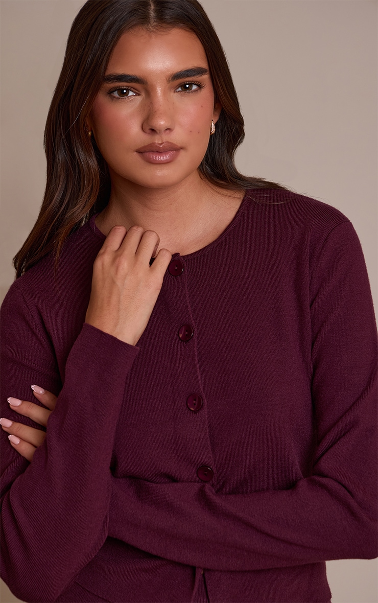 Dark Wine Compact Knit Collarless Cardigan image 4
