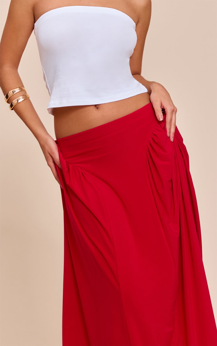 Red Slinky Drop Waist Ruched Panel Maxi Skirt image 4