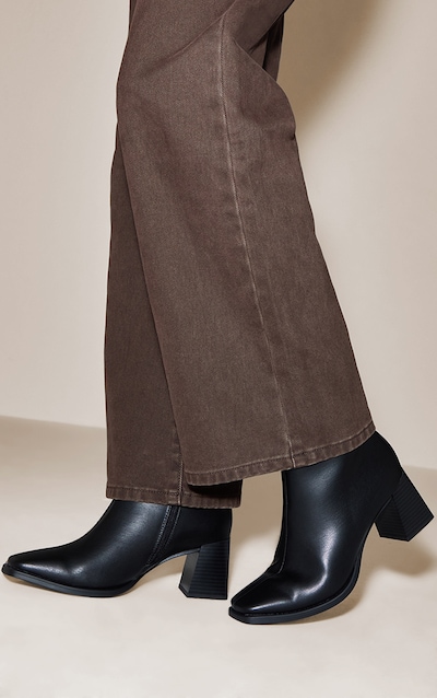 Black Square Toe Flared Block Heel Ankle Boots
