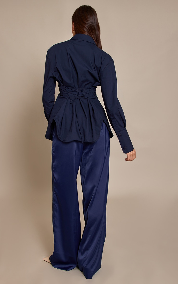 Navy Satin Tailored Detail Wide Leg Trousers image 3