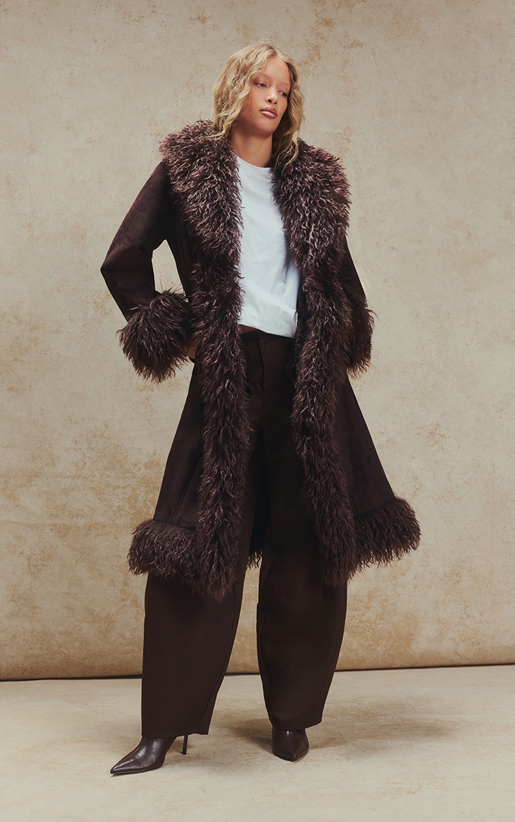 Chocolate Brown Faux Fur Trim Maxi Coat image 1