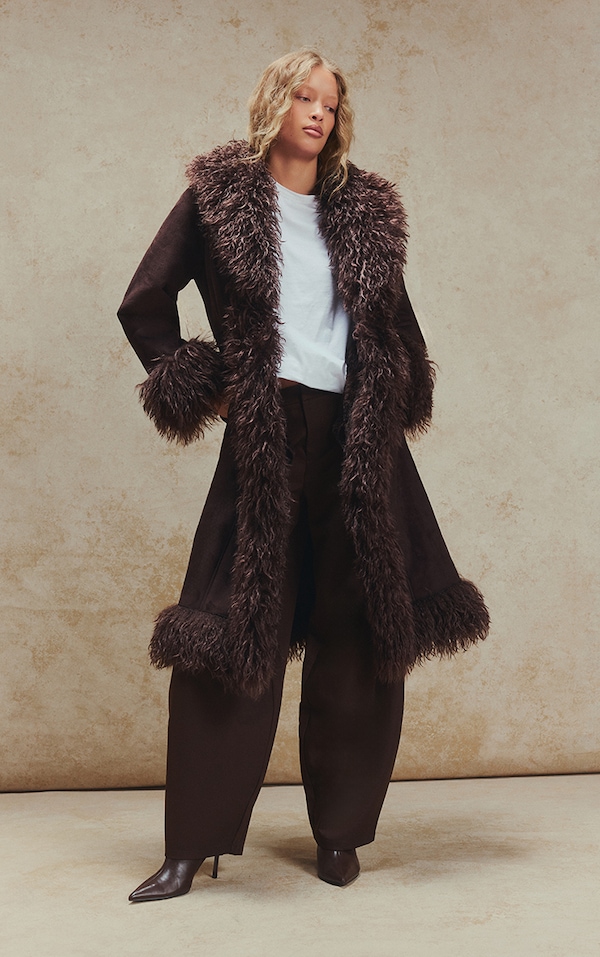 Chocolate Brown Faux Fur Trim Maxi Coat