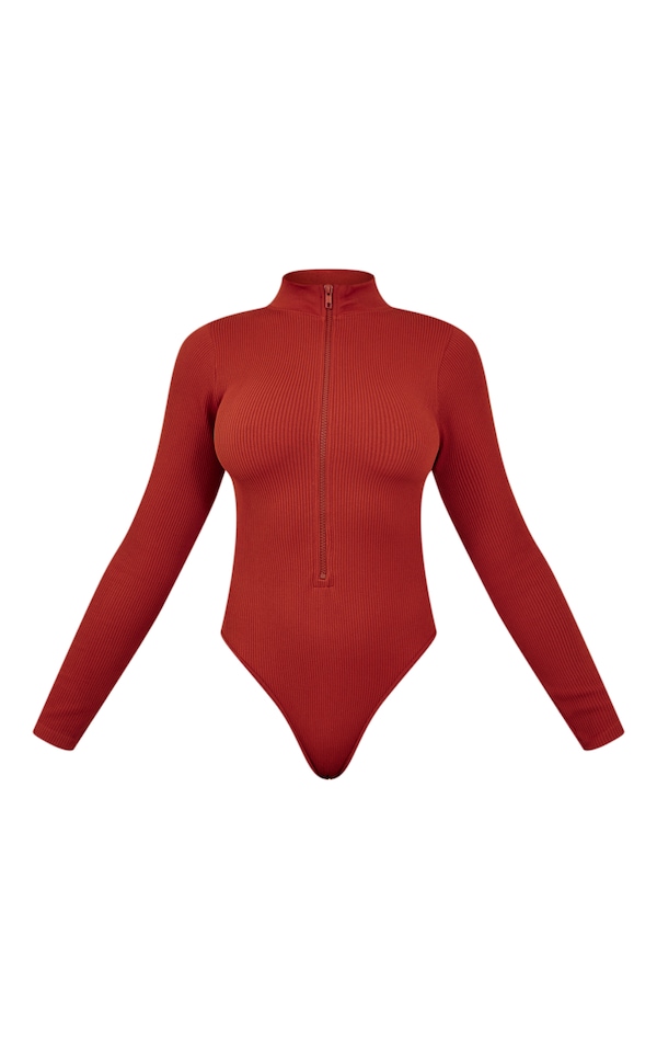 Rust Snatched Rib Zip Up Long Sleeve Bodysuit PrettyLittleThing USA