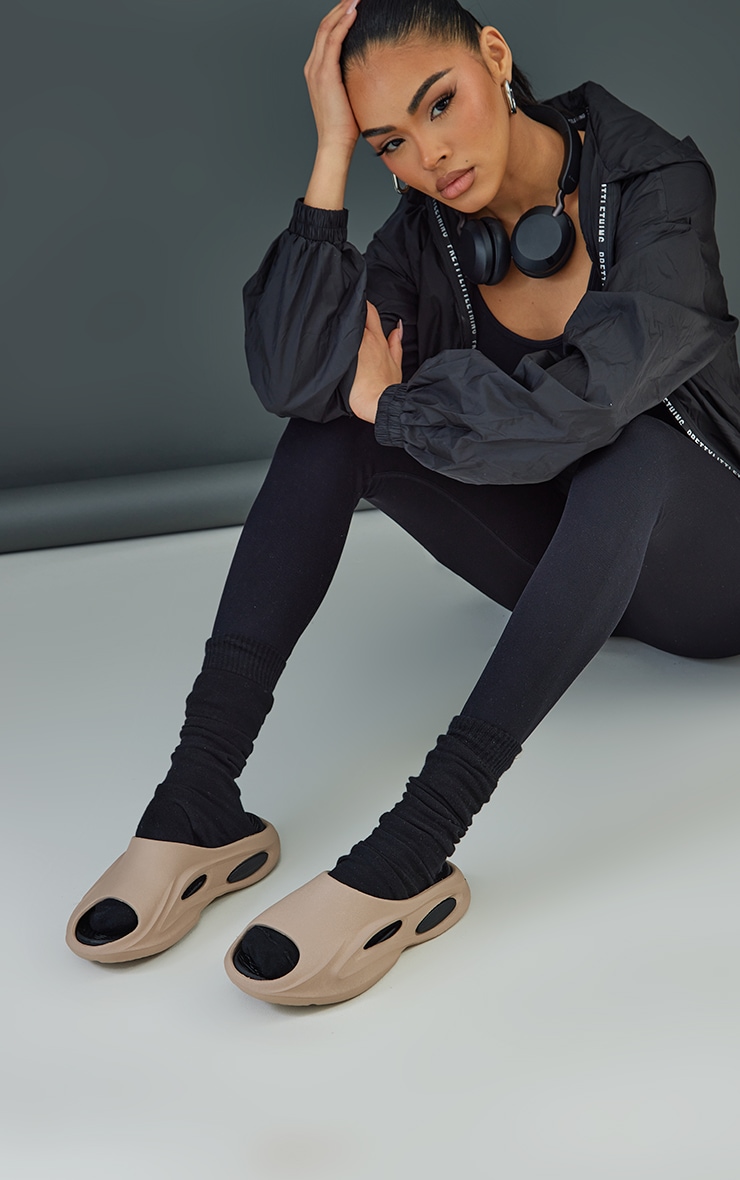 Mocha Cut Out Rubber Ribbed Sole Sliders 1