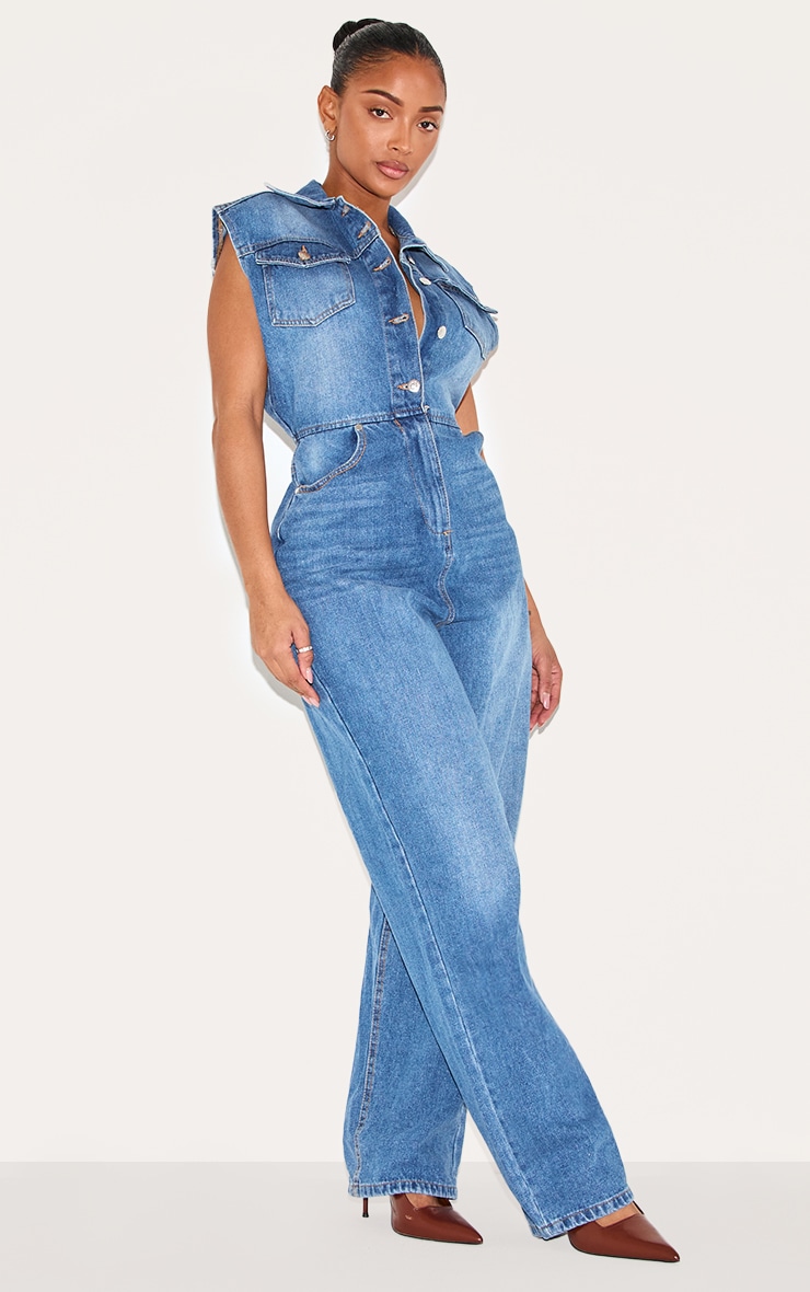 Shape Mid Blue Wash Sleeveless Rigid Denim Jumpsuit image 3