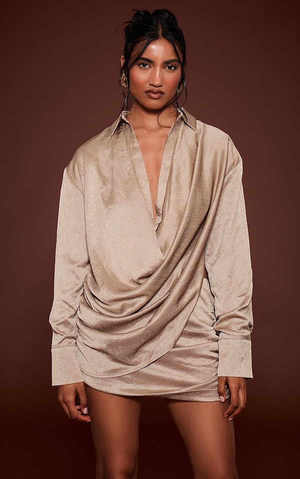 Stone Textured Satin Plunge Shirt 