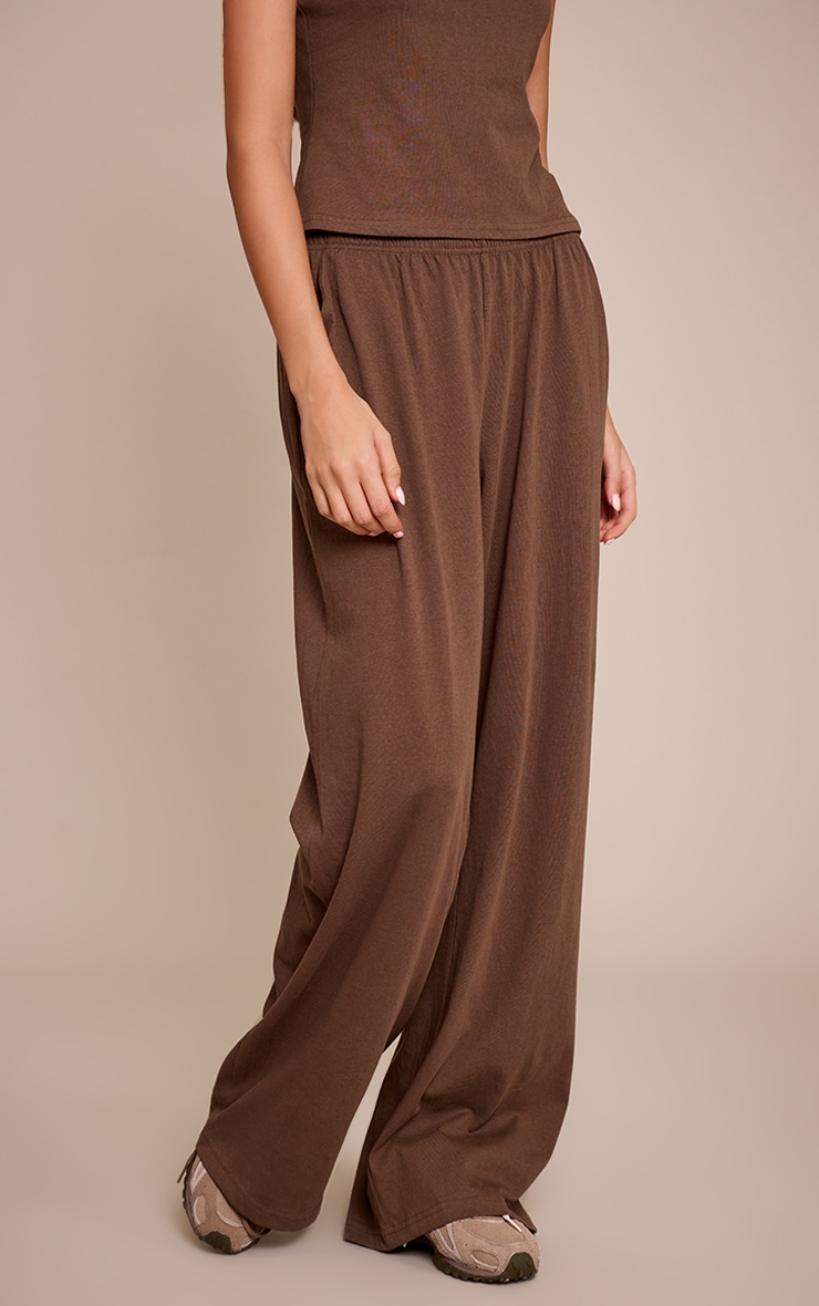 Chocolate Brown Soft Textured Relaxed Wide Leg Pants image 2