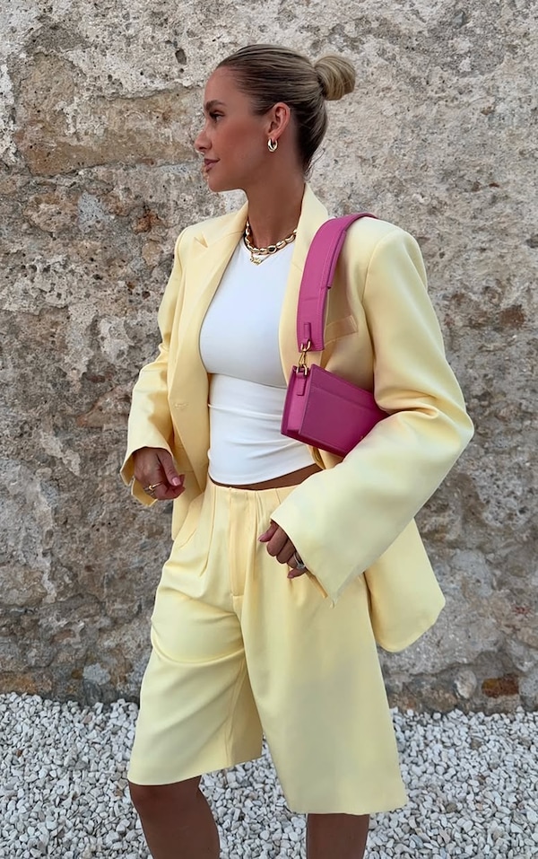  Butter Yellow Tailored Woven Pleated Longline Shorts