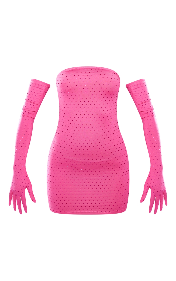 Petite Hot Pink Diamante Bandeau Dress With Gloves image 5