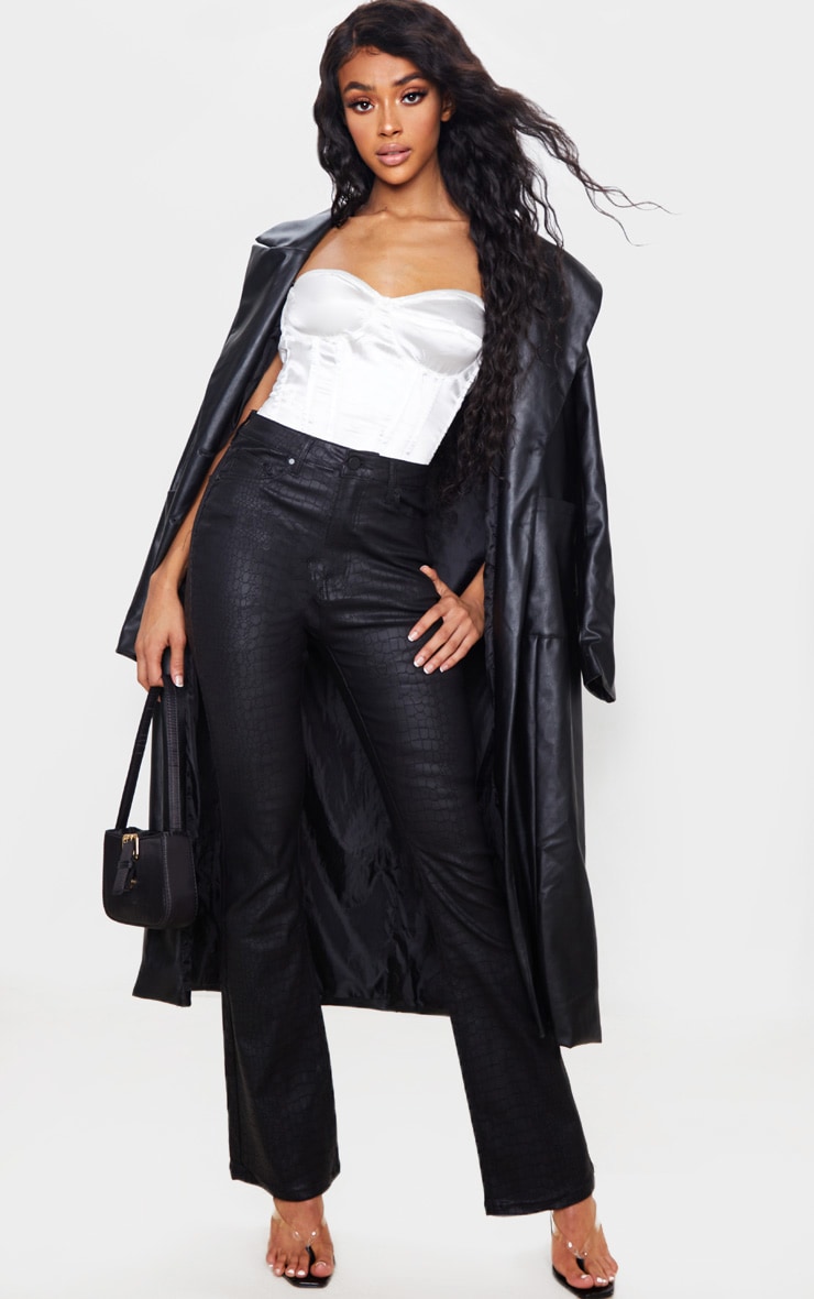 Black Coated Croc Denim Flared Jean