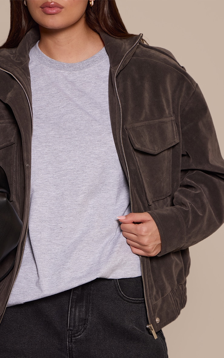 Dark Grey Funnel Neck Pocket Detail Faux Suede Bomber  image 4