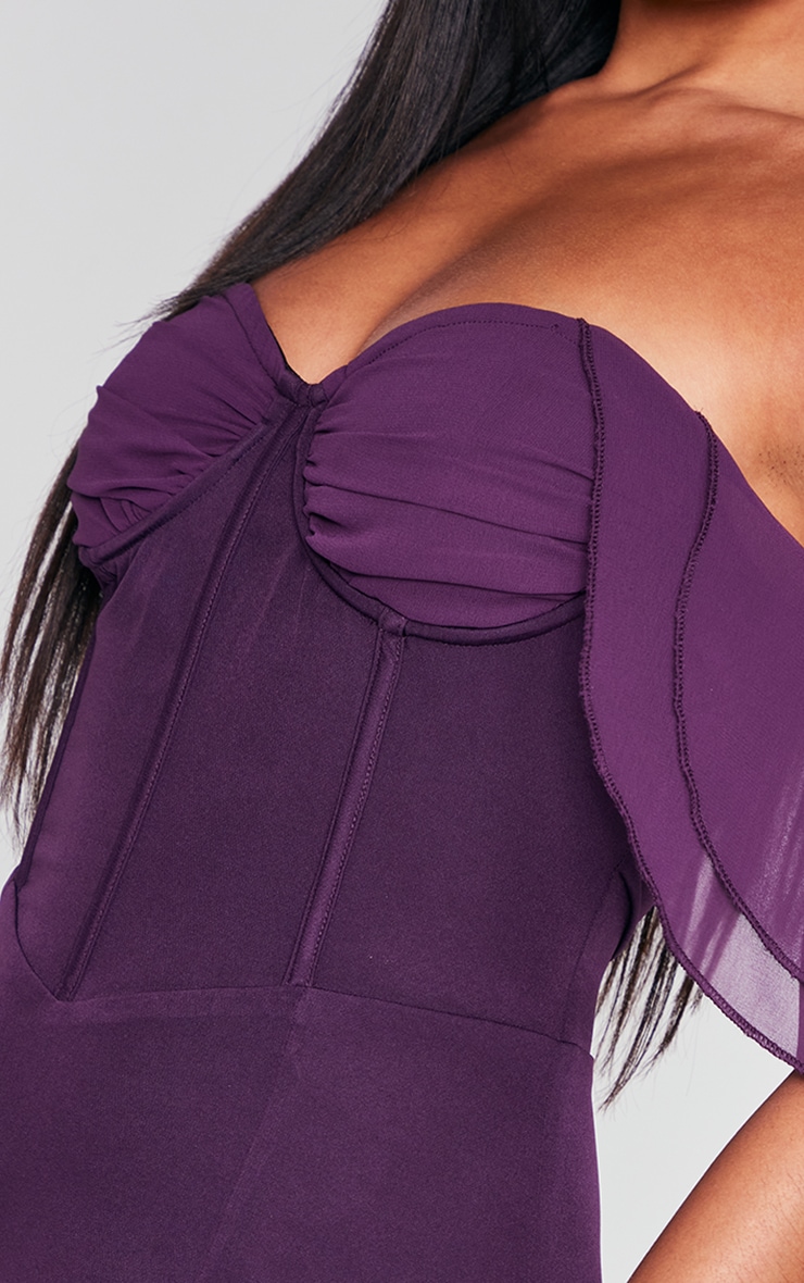 Plum Ruched Cup Detail Bardot Drape Bodycon Dress image 4