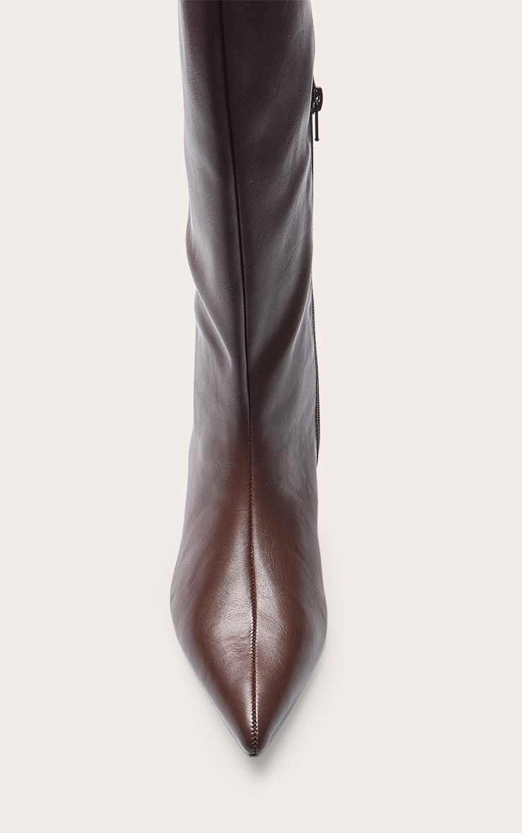 Chocolate Pu Point Toe Low Stiletto Knee High Heeled Boots