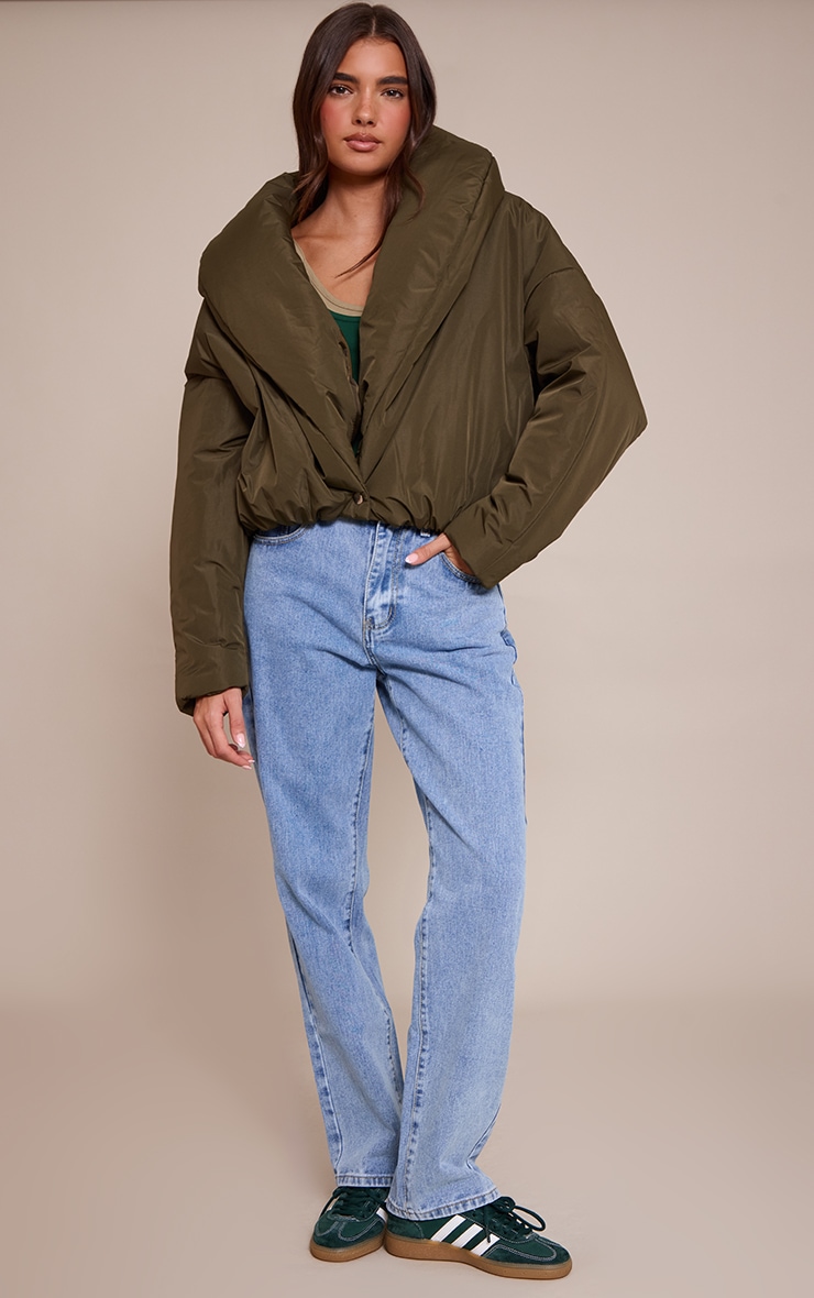 Khaki Exaggerated Collar Shell Puffer Jacket image 3