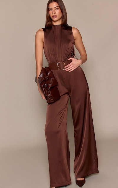 Chocolate Satin High Neck Belt Detail Wide Leg Jumpsuit