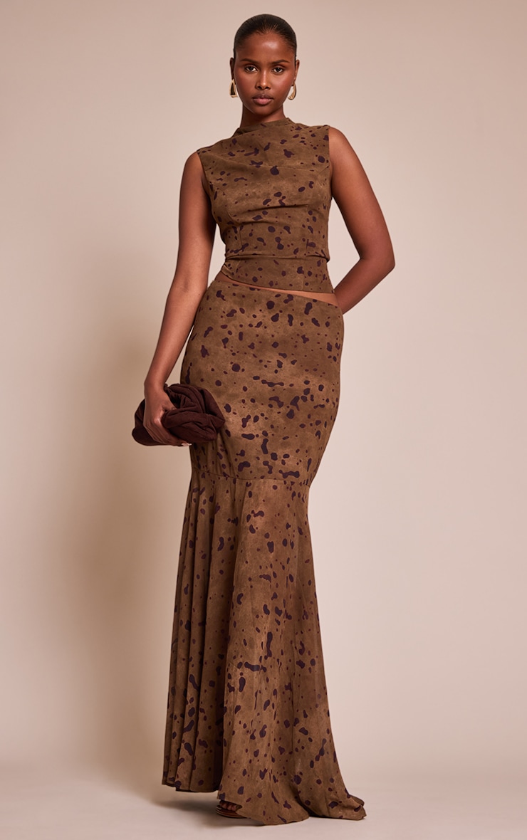 Khaki Abstract Print Chiffon Fishtail Maxi Skirt image 1