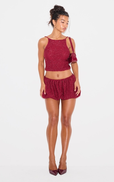 Jupe bouffante en maille tricot pailletée rouge vin