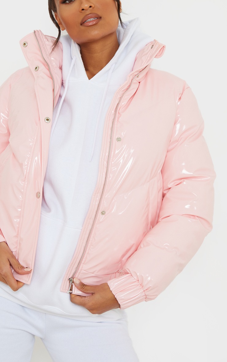 Pink Vinyl Longline Panel Puffer Jacket PrettyLittleThing