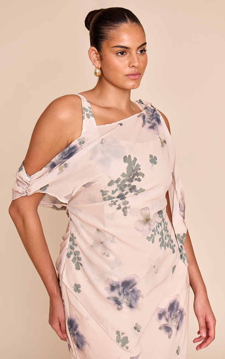 Plus Sand Abstract Printed Chiffon Draped Maxi Dress image 3