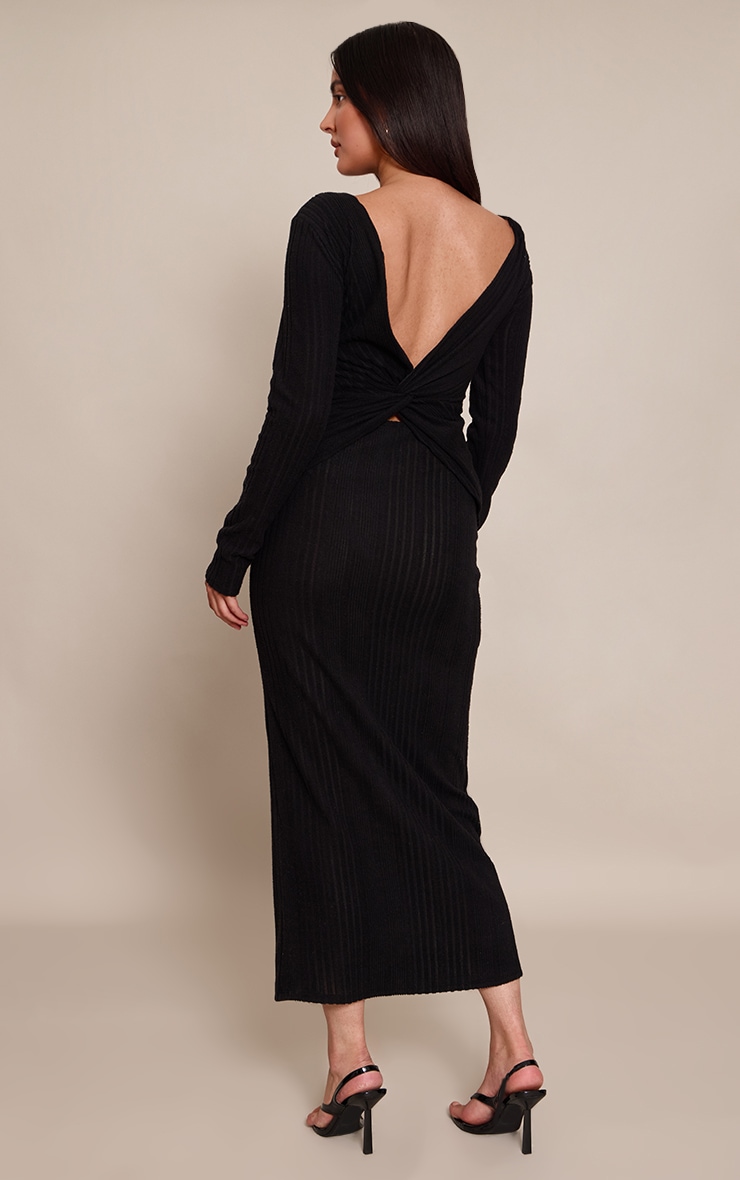 Black Ribbed Low Back Detail Long Sleeve Maxi Dress image 2
