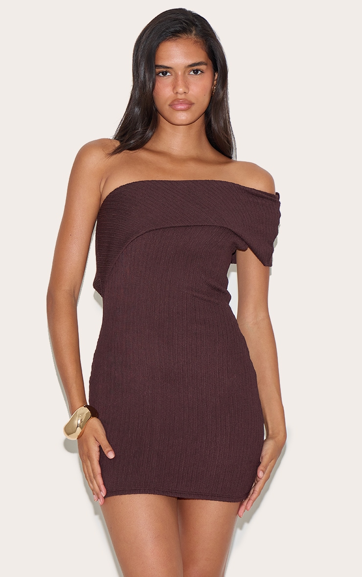 Chocolate Textured One Shoulder Bardot Bodycon Dress image 1
