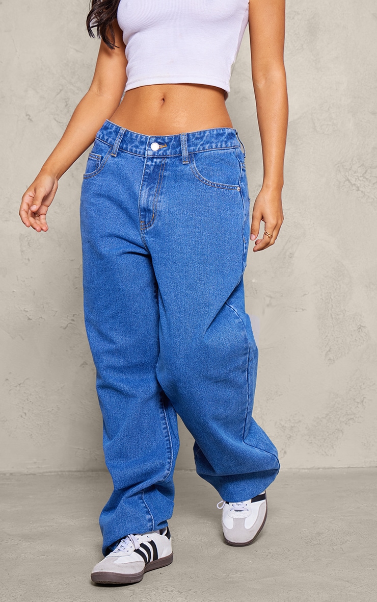 Petite Mid Blue Wash Dipped Back Waistband Boyfriend Jeans image 2