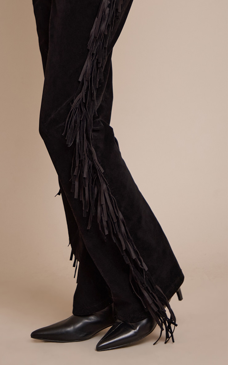 Black Faux Suede Fringe Straight Leg Pants image 4