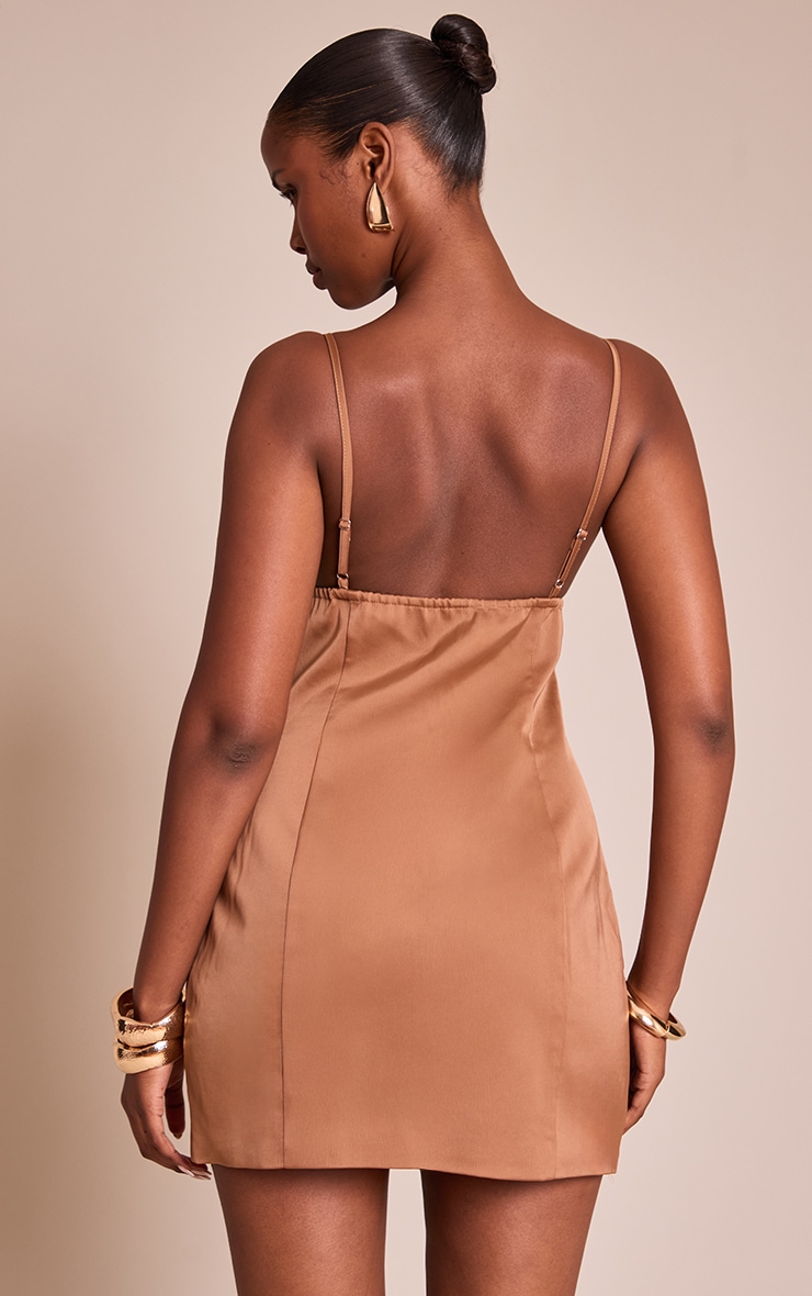 Chocolate Satin Boat Neck Bodycon Mini Dress image 2
